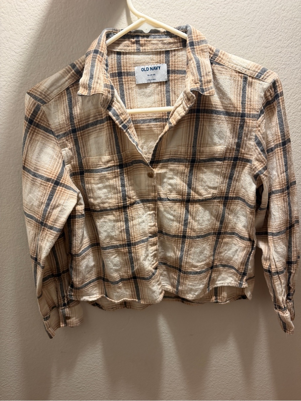 Old Navy Beige and Navy Plaid Button-Front Shirt